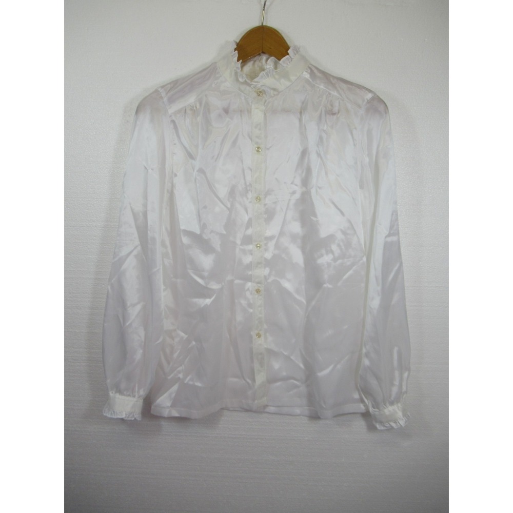 Vintage 70s Sears Shiny Satin Ruffle High Neck Blouse Women 14 White Secretary